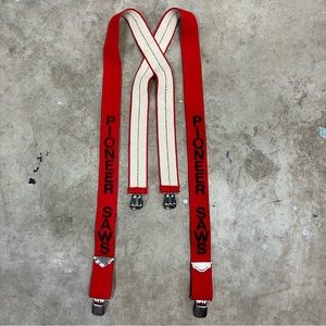 VINTAGE PIONEER SAWS ORIGINAL ADVERTISING SUSPENDERS RED W/ BLACK LETTERING NICE
